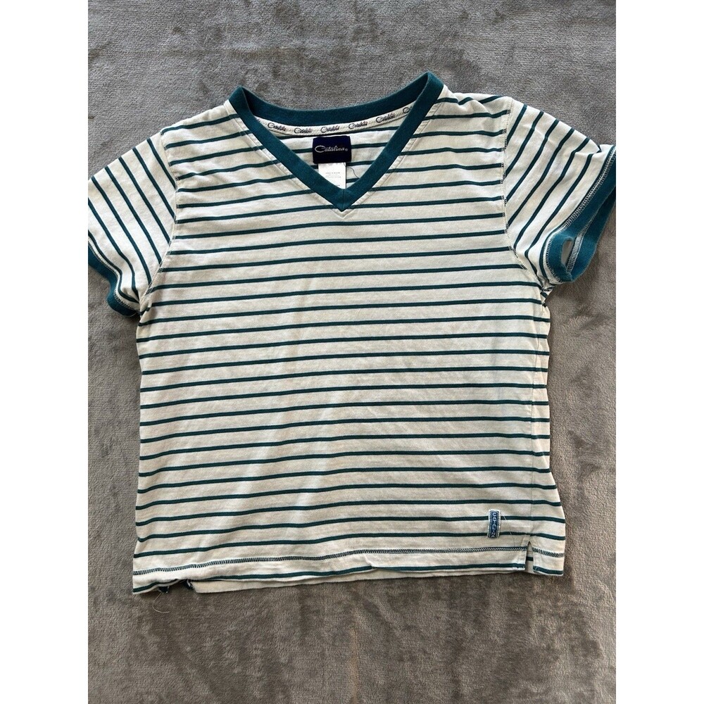 VTG Catalina Collection Women’s Medium Teal White Striped Short Sleeve Top